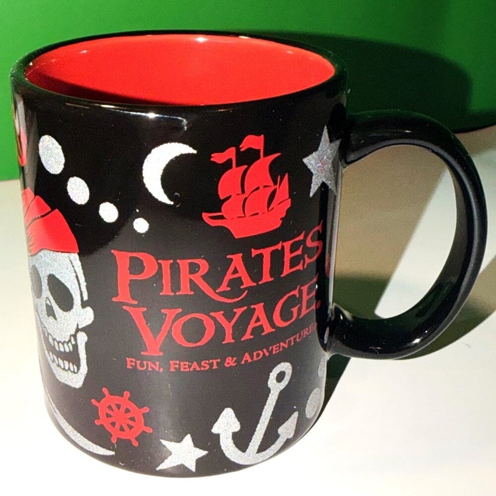 Pirates Voyage Coffee Mug Cup Dolly Parton Dinner Show Black Red Glitter Skull